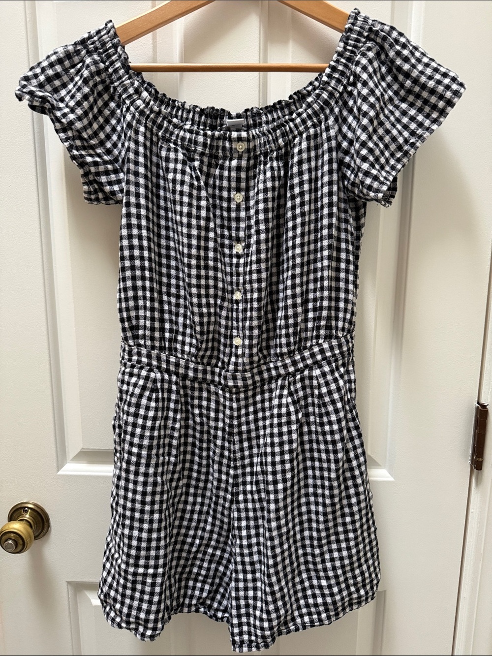 Old Navy Black & White Gingham Off-Shoulder Romper